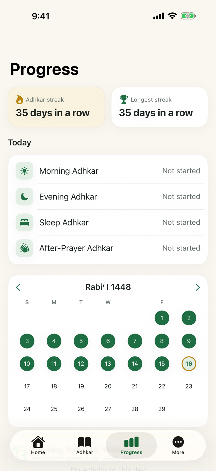Progress screen with Hijri calendar